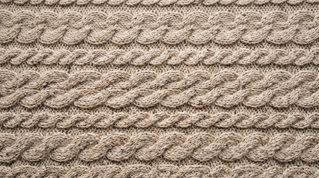 Detailed textured knitted wool fabric with intricate cable patterns in warm beige tones a cozy textile background