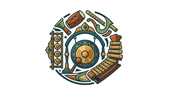 Traditional Indonesian musical instruments in circular arrangement.