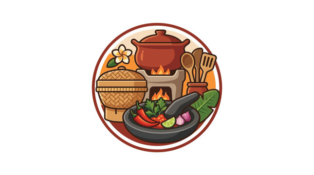 Traditional Indonesian kitchen tools and spices illustration.