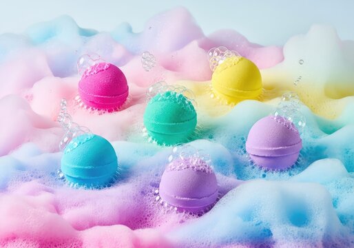 Colorful bath bombs sit atop a textured landscape of pastel soap foam and effervescent bubbles, creating a bright and relaxing spa scene, refreshing, colorful, organic