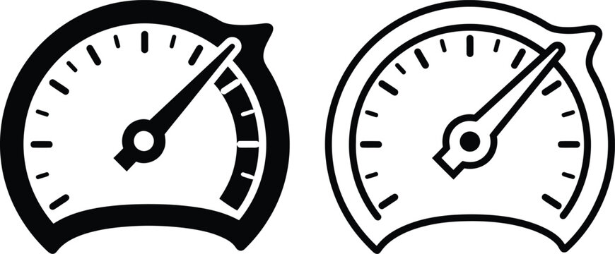 Speedometer icon set with high performance gauge, black and white dashboard meter vector, 2 flat tachometer symbols for automotive UI