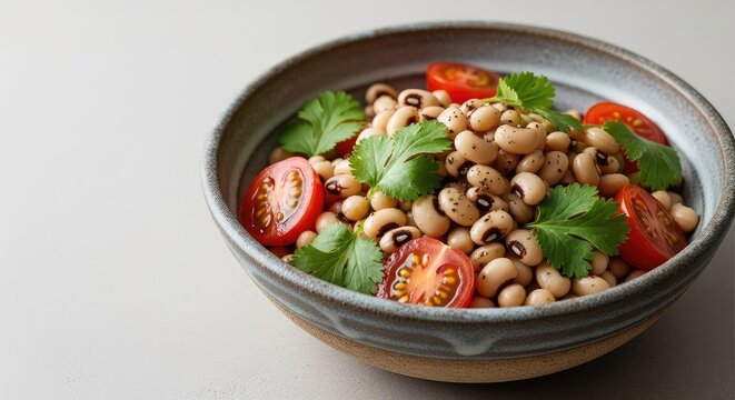 Detailed close up of a nutritious meal featuring black eyed peas, fresh tomatoes, and aromatic green herbs served in a rustic ceramic bowl, healthy, handmade, nutrition