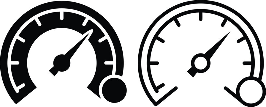 Speedometer icon set in black and white, tachometer gauge vector graphics, performance measurement dashboard symbols for automotive UI