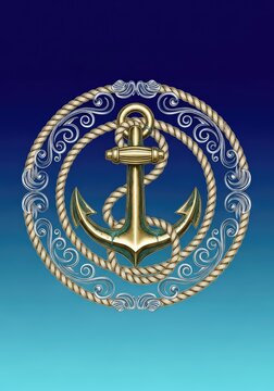Elegant circular nautical emblem featuring a central metallic anchor surrounded by coiled rope and intricate decorative scrollwork filigree, circle, vintage, coast