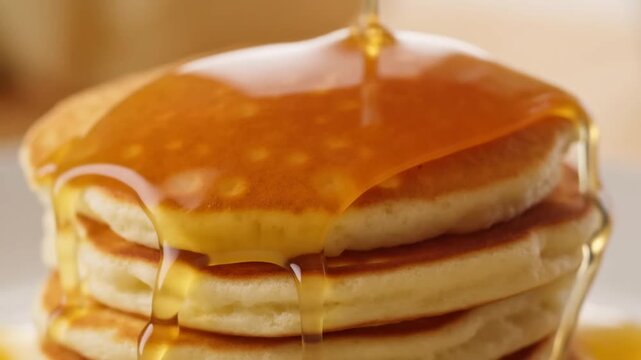 Slow motion close up of pancakes with syrup pouring and dripping on stack at breakfast table in kitchen