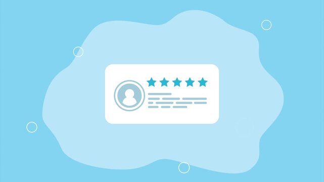 Animated online customer review with five star rating and user profile icon on abstract blue background.
