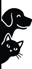 Fototapeta premium Cute black dog and cat silhouette peeking from behind a wall corner as a simple graphic icon illustration