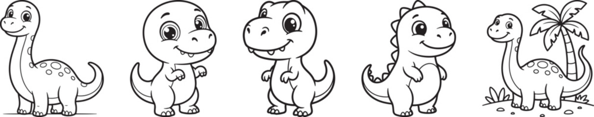 Obraz premium Whimsical Line-Drawn Cartoon Dinosaurs in Playful Poses with Tropical Palm Tree Accent Sketch Style Illustration