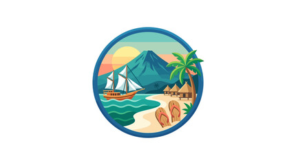 Fototapeta premium Tropical beach resort with volcano and palm trees badge.