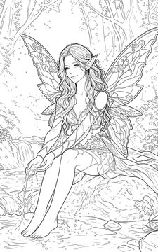 Forest Elf Fairy Sitting on a Rock and Touching Water Stream Line Art Coloring Page