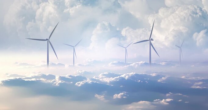 Aerial view of multiple wind turbines spinning in sky above clouds. Sustainable clean energy related 3d animation.