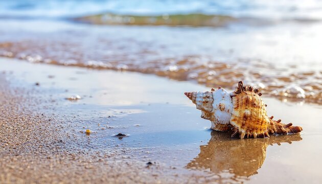 Seashell on wet sandy beach with ocean waves in background