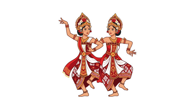 Two Balinese dancers performing traditional Indonesian folk dance.