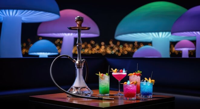 Glowing giant mushrooms illuminate a night lounge with a glass hookah and vibrant drinks set against a backdrop of magical fantasy lights, artistic, luxury, club