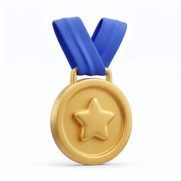 3D Gold medal with star symbol and blue ribbon isolated on white background winner award achievement prize