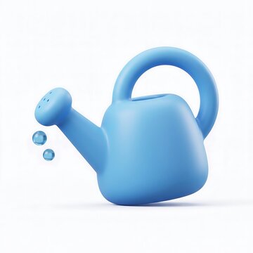 3D Cute blue watering can with water drops isolated on white background gardening tool plant care cute icon