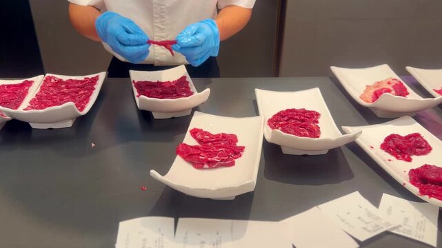 Chef Hands Thinly Slicing Marbled Beef and Plating for Hot Pot &ndash; Preparing Premium Meat 