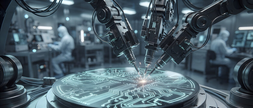 Precision Automated Robotic Arms Working on a Semiconductor Wafer and Microprocessor in a High-Tech Industrial Cleanroom Laboratory