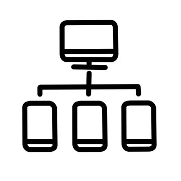 Computer connected to multiple devices representing digital network structure.