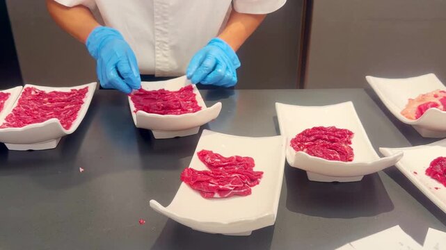 Chef Hands Thinly Slicing Marbled Beef and Plating for Hot Pot &ndash; Preparing Premium Meat 