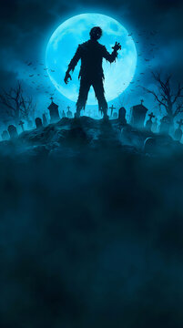 Lone zombie standing atop hill in spooky graveyard under blue moon