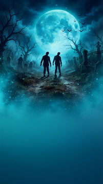 Two zombies standing on misty path in creepy graveyard under blue moon