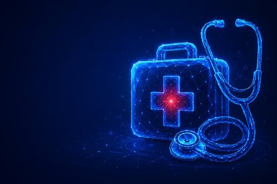 First aid medical kit and stethoscope digital wireframe vector illustration with doctor equipment healthcare technology emergency medicine clinical tool health care hospital device nursing equip