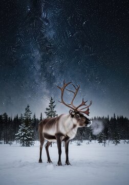Majestic reindeer standing in a snowy landscape during a clear night. The dark sky is filled with bright stars over the winter forest scene, arctic, beautiful, starry