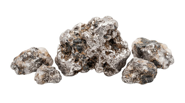 Natural silver ore nuggets, raw precious metal mineral specimens, unrefined metallic rock samples for geology and mining isolated PNG with Transparent Background