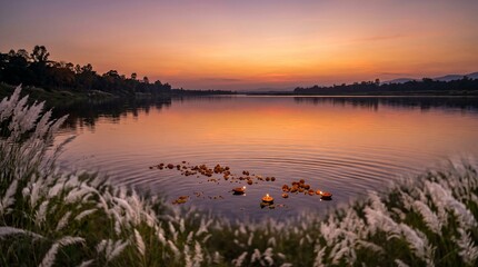Fototapeta premium Floating diyas and flower petals on a calm river at sunset with blooming kash grass in foreground