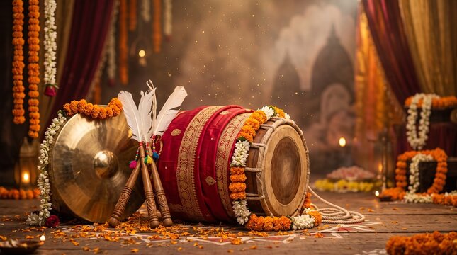 Traditional Indian dhak drum and brass metal gong decorated with flower garlands for Durga Puja festival background