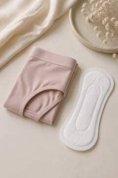 folded underwear with pad on soft fabric background