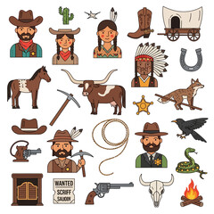 Naklejka premium Wild West Cartoon Icons: Cowboy, Indian, Animals, and Elements