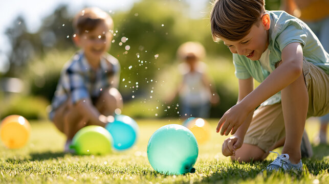 Happy faceless family splashing water balloons in sunny backyard enjoying summer fun and outdoor activity together, defocused playful water fight, seasonal recreation moment, with