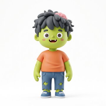 Cute cartoon zombie boy with green skin orange shirt and exposed brain 3D character monster boy halloween