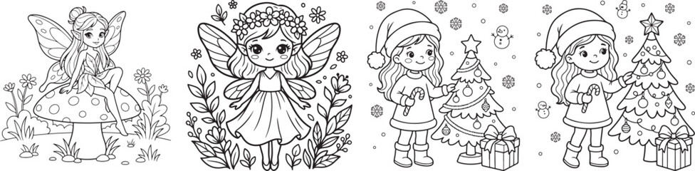 Fototapeta premium Whimsical Line-Drawn Fantasy Characters Transitioning from Enchanted Forest Fairies to Festive Holiday Girls with Christmas Trees and Gifts