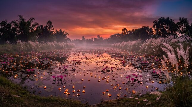 Misty autumn sunrise over a tranquil pond filled with blooming water lilies and surrounding kash grass