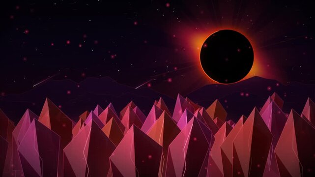 Alien crystal planet landscape with total solar eclipse and glowing mountains loop. Futuristic sci-fi world with pink crystals, starry sky, and black sun solar eclipse