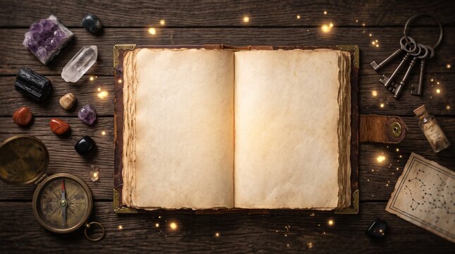 Open ancient spell book or grimoire with crystals, vintage keys, and glowing lights on a wooden table for Halloween flat lay