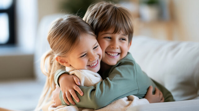 Joyful faceless siblings enjoying time together on sofa, capturing their bond and playful moments in living room, defocused domestic sibling relationship, with copy space