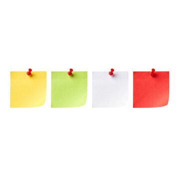 Set of four colorful sticky notes, each pinned with a red pushpin, ready for messages.