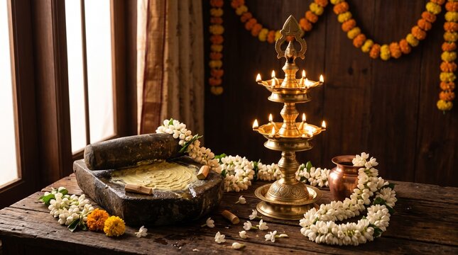 Traditional Indian festival background with multi-tier lit brass diya, mortar and pestle, and white and yellow flower garlands