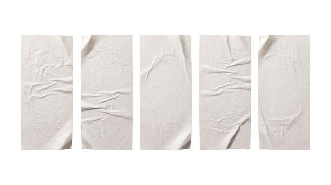 Set of five clean wrinkled paper sheets with natural folds and creases, isolated on a transparent background.