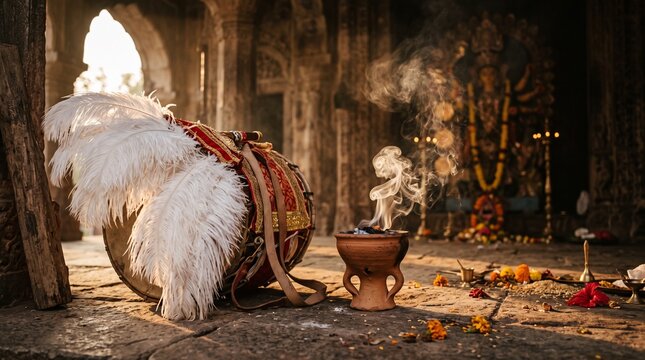Traditional Indian dhak drum decorated with white feathers and smoking dhunchi inside an ancient temple with Goddess Durga idol