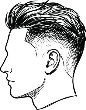 Hand-drawn male haircut profile, stylish pompadour hairstyle vector, barbershop grooming illustration for men's fashion and hair care