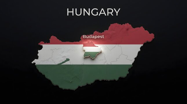 3D Map of Hungary with Flag Texture and Highlighted Capital City Budapest Isolated on Black Background