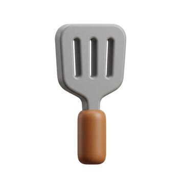 3D render of a kitchen spatula with a grey perforated head and wooden handle cooking utensil kitchen tool