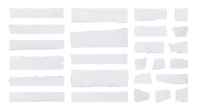 Assortment of white torn paper pieces in various shapes and sizes, isolated on transparent background.