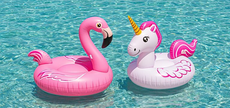 In a bright sunny pool, colorful inflatable unicorn and flamingo float on clear turquoise water, evoking summer relaxation.