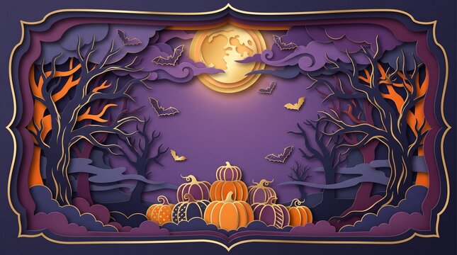 Paper cut style Halloween background with spooky trees, pumpkins, full moon, bats, and purple frame with copy space